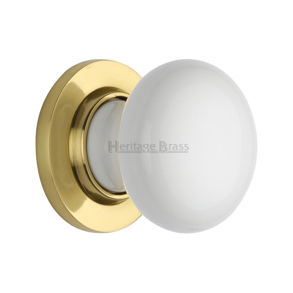 Heritage Brass Door Furniture Polished Brass / Mortice Knobs Heritage Brass - White Knob with Polished Brass base