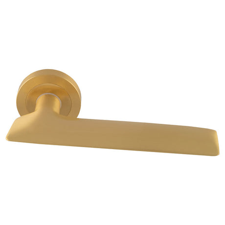 This is an image of a Manital - Hygge due Lever on Round Rose - Satin Brass hyd5sb that is availble to order from Trade Door Handles in Kendal.