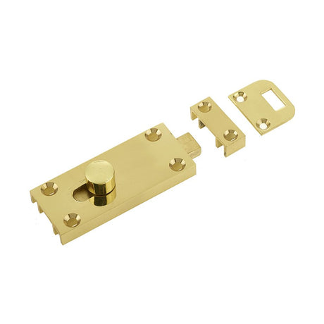 This is an image of a Frelan - Bathroom Slide Bolt - Polished Brass  that is availble to order from Trade Door Handles in Kendal.