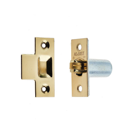 This is an image of a Frelan - PB Adjustable rollerbolt catch (brass roller)  that is availble to order from Trade Door Handles in Kendal.