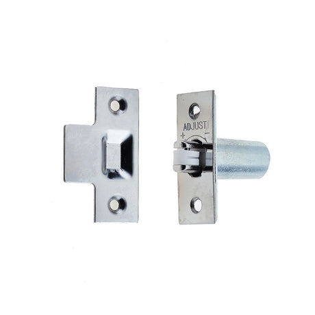 This is an image of a Frelan - PC Adjustable rollerbolt catch (nylon roller)  that is availble to order from Trade Door Handles in Kendal.