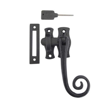 This is an image of a Frelan - Monkey Tail Locking Casement Fastener Right - Antique Black  that is availble to order from Trade Door Handles in Kendal.