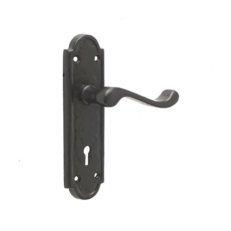 This is an image of a Frelan - Turnberry Standard Lever Lock Handles on Backplate - Antique Black  that is availble to order from Trade Door Handles in Kendal.