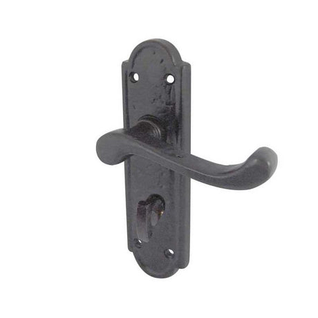 This is an image of a Frelan - Turnberry Bathroom Lock Handles on Backplate - Antique Black  that is availble to order from Trade Door Handles in Kendal.