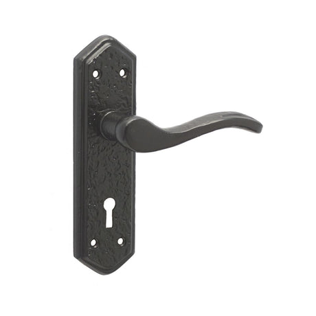 This is an image of a Frelan - Wentworth Lever Lock Handles on Backplate - Antique Black  that is availble to order from Trade Door Handles in Kendal.