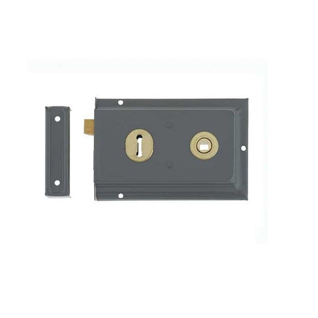 This is an image of a Frelan - 152.5x102mm Grey Rim lock   that is availble to order from Trade Door Handles in Kendal.
