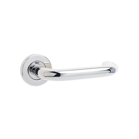 This is an image of a Frelan - Orbit 19mm Lever on Sprung Round Rose - Grade 304 Polished Stainless St  that is availble to order from Trade Door Handles in Kendal.