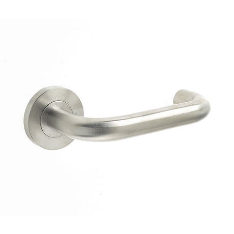 This is an image of a Frelan - Orbit 19mm Lever on Sprung Round Rose - Grade 304 Satin Stainless Steel  that is availble to order from Trade Door Handles in Kendal.