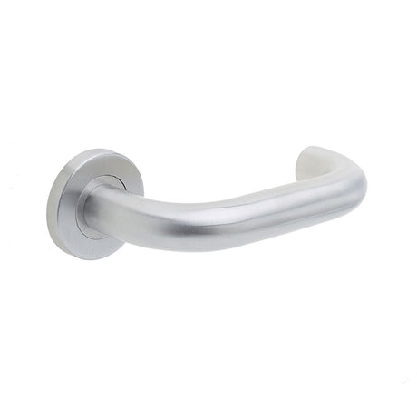 This is an image of a Frelan - Orbit 22mm Lever on Sprung Round Rose - Grade 304 Satin Stainless Steel  that is availble to order from Trade Door Handles in Kendal.