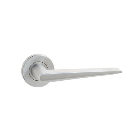 This is an image of a Frelan - Meteor Lever on Round Rose - Grade 304 Satin Stainless Steel  that is availble to order from Trade Door Handles in Kendal.