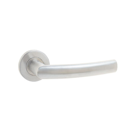 This is an image of a Frelan - Luma Lever on Round Rose - Grade 304 Satin Stainless Steel  that is availble to order from Trade Door Handles in Kendal.