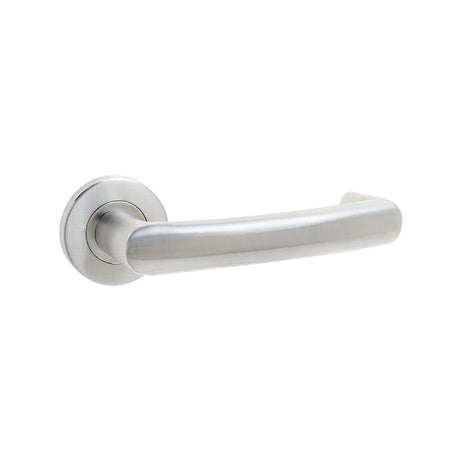 This is an image of a Frelan - Juno Lever on Round Rose - Grade 304 Satin Stainless Steel  that is availble to order from Trade Door Handles in Kendal.