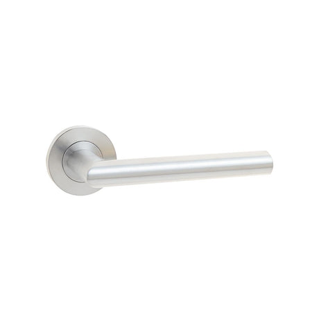 This is an image of a Frelan - Neptune Lever on Round Rose - Grade 304 Satin Stainless Steel  that is availble to order from Trade Door Handles in Kendal.