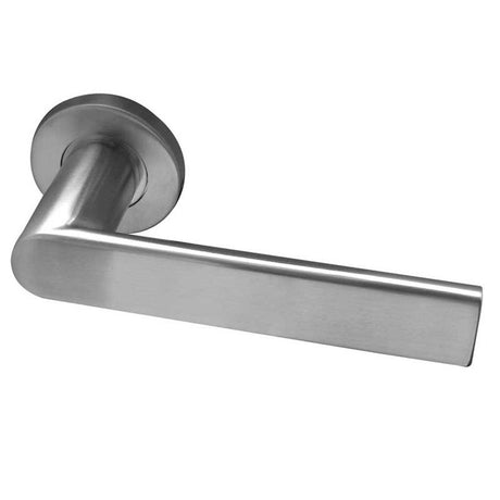 This is an image of a Frelan - Sandrine Lever on Round Rose - Grade 304 Satin Stainless Steel  that is availble to order from Trade Door Handles in Kendal.