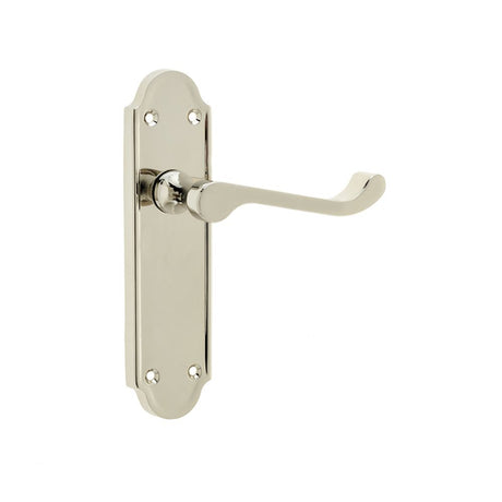 This is an image of a Frelan - Sherborne Lever Latch Handles on Backplates - Polished Nickel  that is availble to order from Trade Door Handles in Kendal.