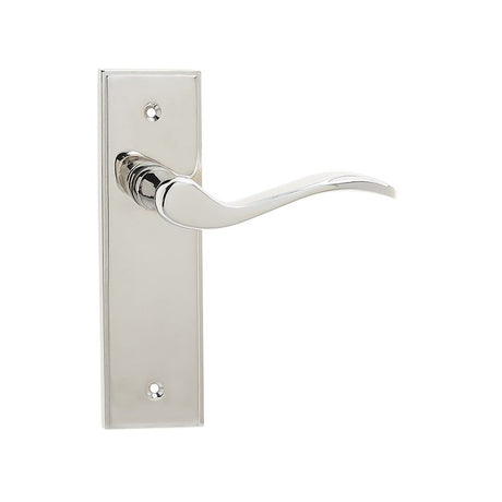 This is an image of a Frelan - Ronda Lever Latch Handles on Backplate - Polished Nickel  that is availble to order from Trade Door Handles in Kendal.