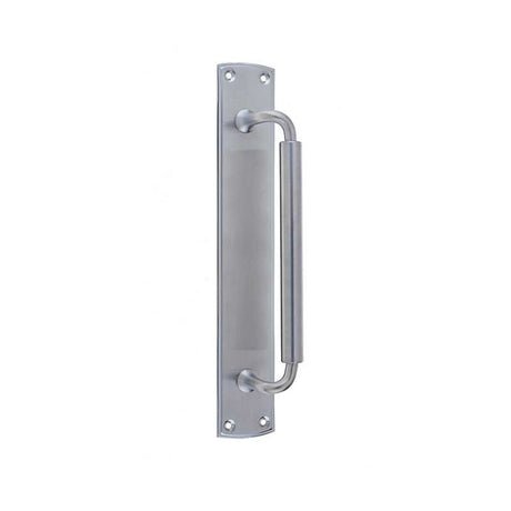 This is an image of a Frelan - Chatsworth Pull Handle on 75x460mm Back Plate - Satin Chrome  that is availble to order from Trade Door Handles in Kendal.