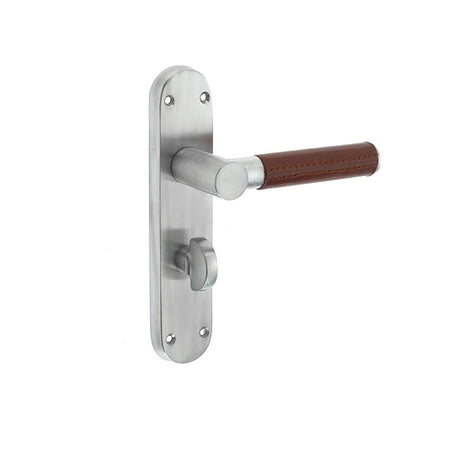 This is an image of a Frelan - Ascot Bathroom Lock Handles on Backplates - Brown Leather Satin Chrome  that is availble to order from Trade Door Handles in Kendal.