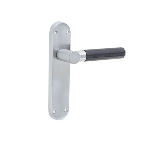 This is an image of a Frelan - Ascot Lever Latch Handles on Backplates - Black Leather Satin Chrome  that is availble to order from Trade Door Handles in Kendal.