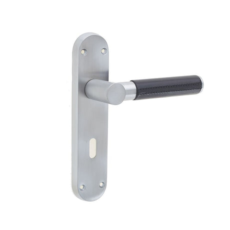 This is an image of a Frelan - Ascot Standard Lock Handles on Backplates - Black Leather Satin Chrome  that is availble to order from Trade Door Handles in Kendal.