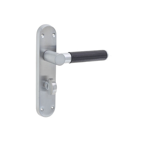 This is an image of a Frelan - Ascot Bathroom Lock Handles on Backplates - Black Leather Satin Chrome  that is availble to order from Trade Door Handles in Kendal.