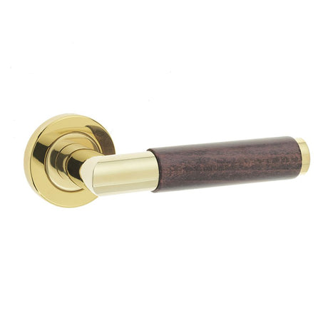 This is an image of a Frelan - Cuba Levers on Round Rose - Polished Brass  that is availble to order from Trade Door Handles in Kendal.