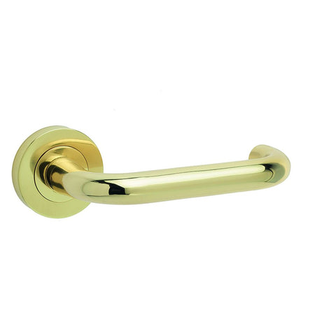 This is an image of a Frelan - Thame Levers on Round Rose - Polished Brass  that is availble to order from Trade Door Handles in Kendal.