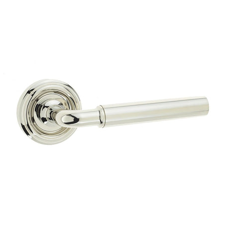 This is an image of a Frelan - Elise Levers on Round Rose - Polished Nickel  that is availble to order from Trade Door Handles in Kendal.