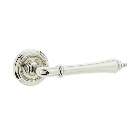 This is an image of a Frelan - Camille Levers on Round Rose - Polished Nickel  that is availble to order from Trade Door Handles in Kendal.