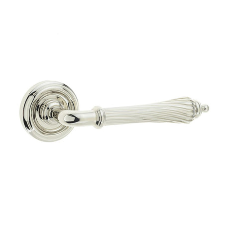 This is an image of a Frelan - Giselle Levers on Round Rose - Polished Nickel  that is availble to order from Trade Door Handles in Kendal.