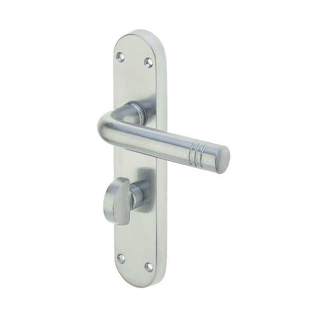 This is an image of a Frelan - Porto Bathroom Lock Handles on Backplates - Satin Chrome  that is availble to order from Trade Door Handles in Kendal.