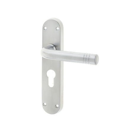 This is an image of a Frelan - Porto Euro Lock Handles on Backplates - Satin Chrome  that is availble to order from Trade Door Handles in Kendal.