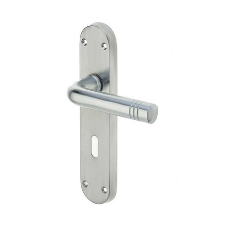 This is an image of a Frelan - Porto Standard Lock Handles on Backplates - Satin Chrome  that is availble to order from Trade Door Handles in Kendal.