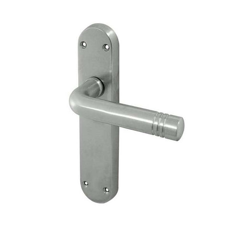 This is an image of a Frelan - Porto Latch Handles on Backplates - Satin Chrome  that is availble to order from Trade Door Handles in Kendal.