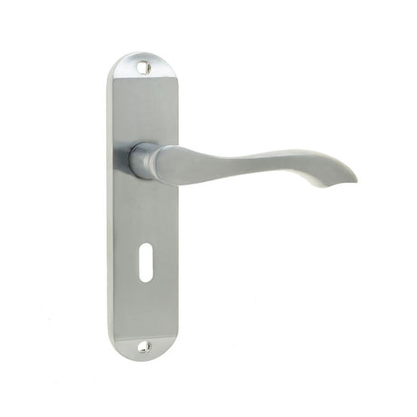 This is an image of a Frelan - Broadway Standard Lever Lock Handles on Backplates - Satin Chrome  that is availble to order from Trade Door Handles in Kendal.