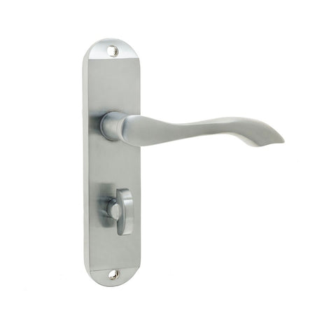 This is an image of a Frelan - Broadway Bathroom Lock Handles on Backplates - Satin Chrome  that is availble to order from Trade Door Handles in Kendal.