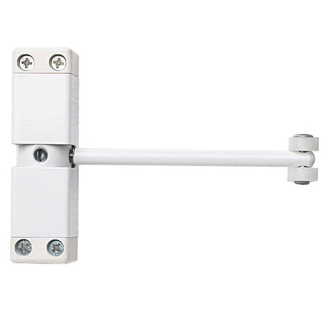 This is an image of a Frelan - White spring arm door closer   that is availble to order from Trade Door Handles in Kendal.