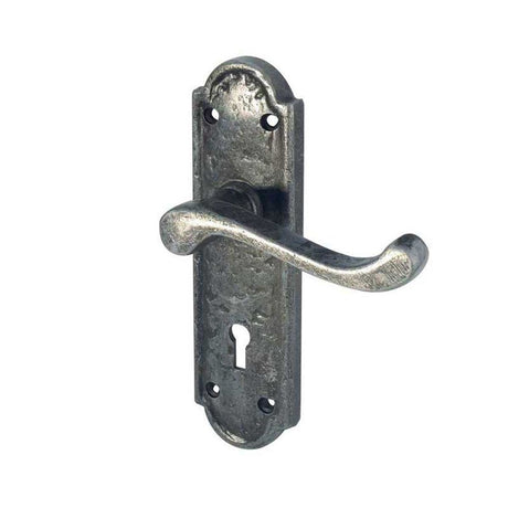 This is an image of a Frelan - Turnberry Standard Lever Lock Handles on Backplate - Pewter  that is availble to order from Trade Door Handles in Kendal.