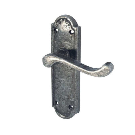 This is an image of a Frelan - Turnberry Lever Latch Handles on Backplate - Pewter  that is availble to order from Trade Door Handles in Kendal.