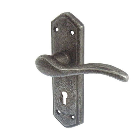 This is an image of a Frelan - Wentworth Lever Lock Handles on Backplate - Pewter  that is availble to order from Trade Door Handles in Kendal.