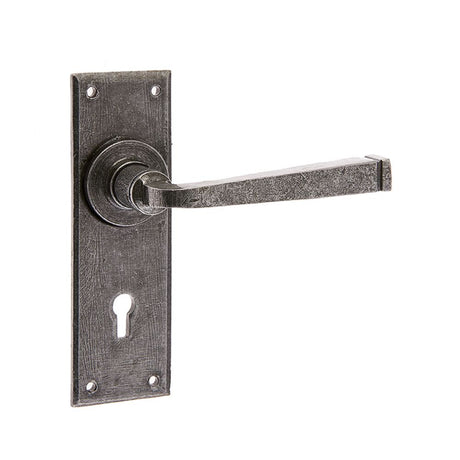 This is an image of a Frelan - Valley Forge Standard Lever Lock Handles on Backplate - Pewter  that is availble to order from Trade Door Handles in Kendal.