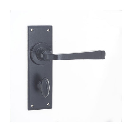 This is an image of a Frelan - Valley Forge Bathroom Lock Handles on Backplate - Black  that is availble to order from Trade Door Handles in Kendal.