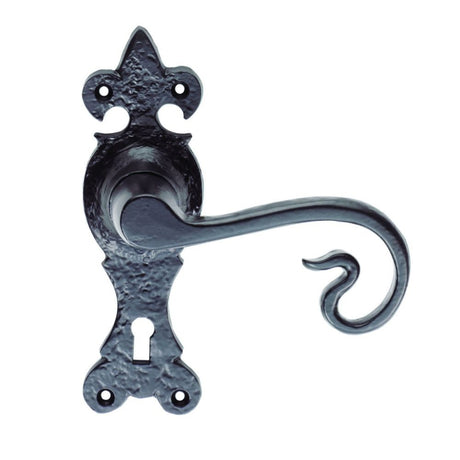 This is an image of a Ludlow - Curly Tail Lever on Lock Backplate - Black Antique that is availble to order from Trade Door Handles in Kendal.