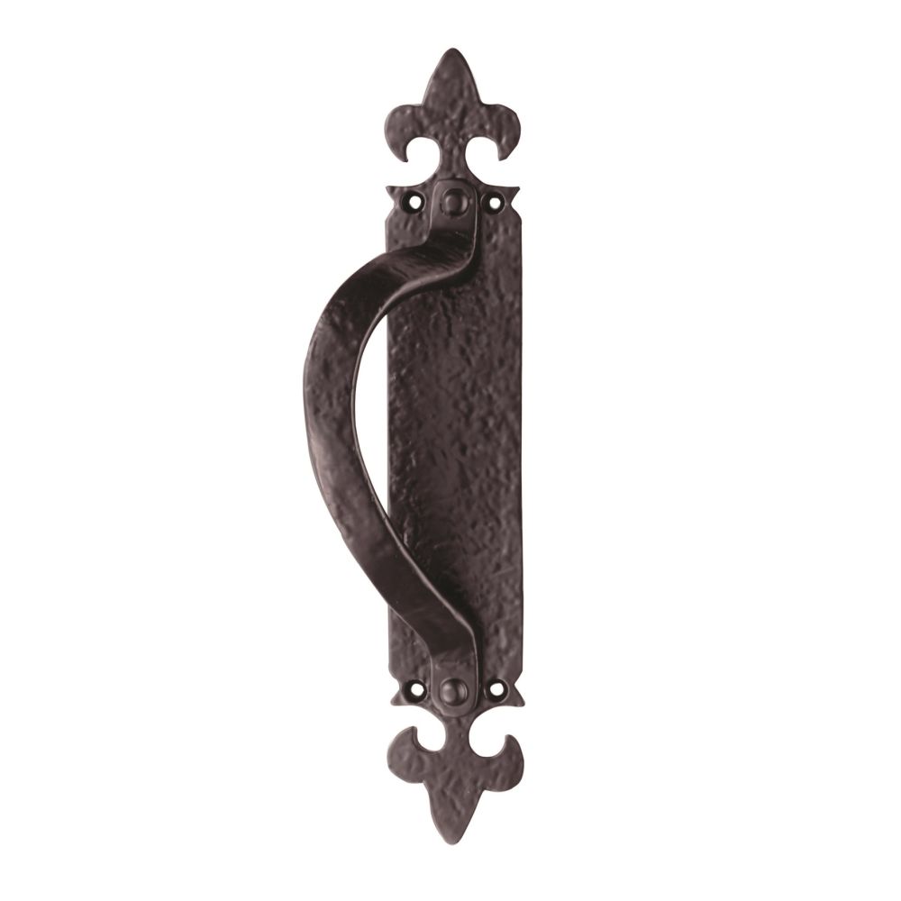 This is an image of a Ludlow - Offset Pull Handle on Backplate Left Hand - Black Antique that is availble to order from Trade Door Handles in Kendal.