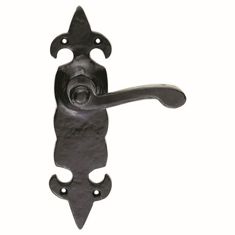 This is an image of a Ludlow - Fleur de lys' Lever on Latch Backplate - Black Antique that is availble to order from Trade Door Handles in Kendal.