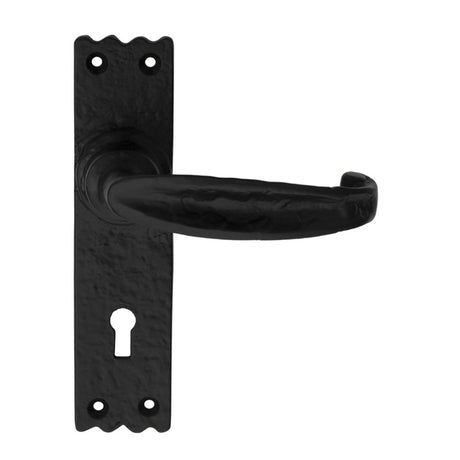 This is an image of a Ludlow - Slimline V Lever on Lock Backplate - Black Antique that is availble to order from Trade Door Handles in Kendal.
