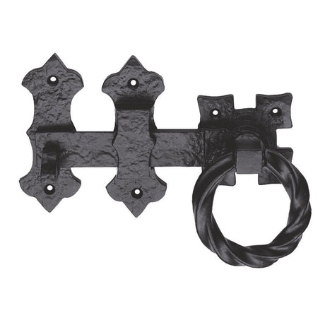 This is an image of a Ludlow - Ring Handle Gate Latch - Black Antique that is availble to order from Trade Door Handles in Kendal.