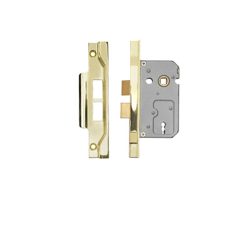 This is an image of a Eurospec - Contract 2 Lever Sashlock Rebated 64mm - Electro Brassed that is availble to order from Trade Door Handles in Kendal.