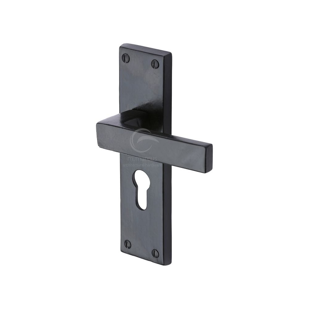 M.Marcus Door Furniture Matt Black / Euro Profile Lock Handles M.Marcus - Black Iron Rustic Door Handle Euro Profile Plate Cheswell Design