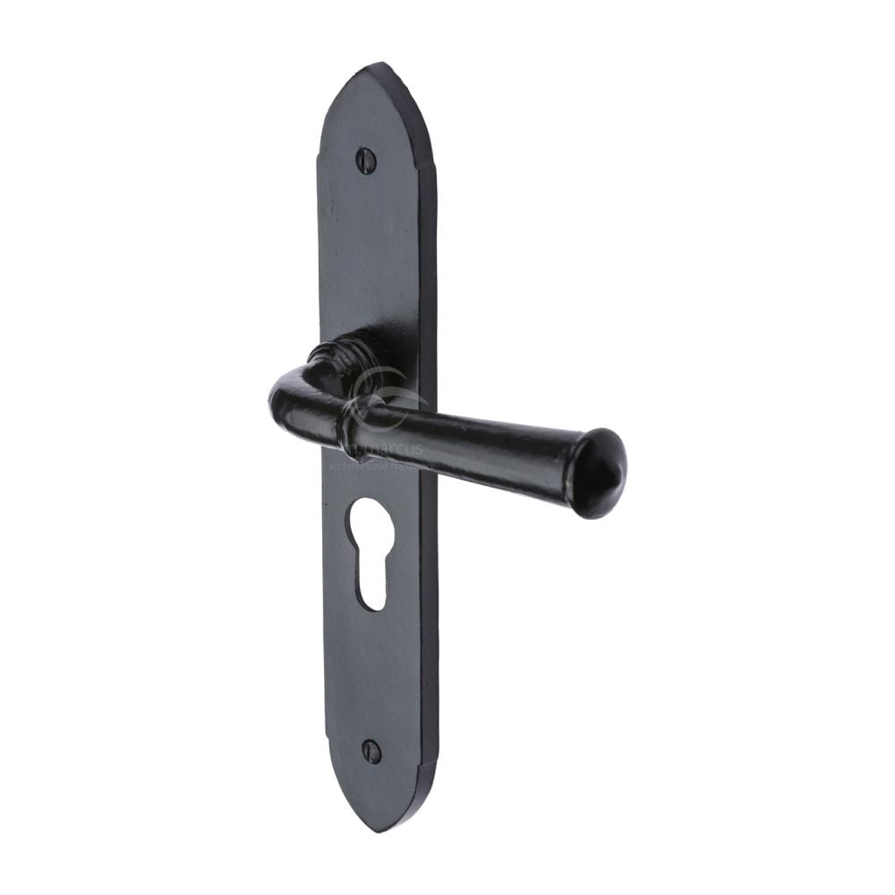 M.Marcus Door Furniture Matt Black / Euro Profile Lock Handles M.Marcus - Black Iron Rustic Door Handle Euro Profile Plate Hadley Design